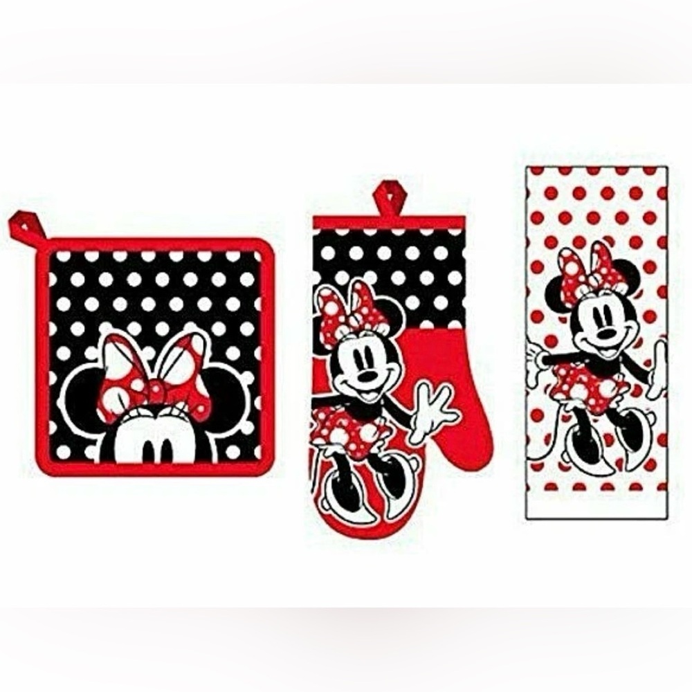 BNWT DISNEY MINNE MOUSE SURPRISE 3 PC KITCHEN SET TOWEL, POT HOLDER & OVEN MITT